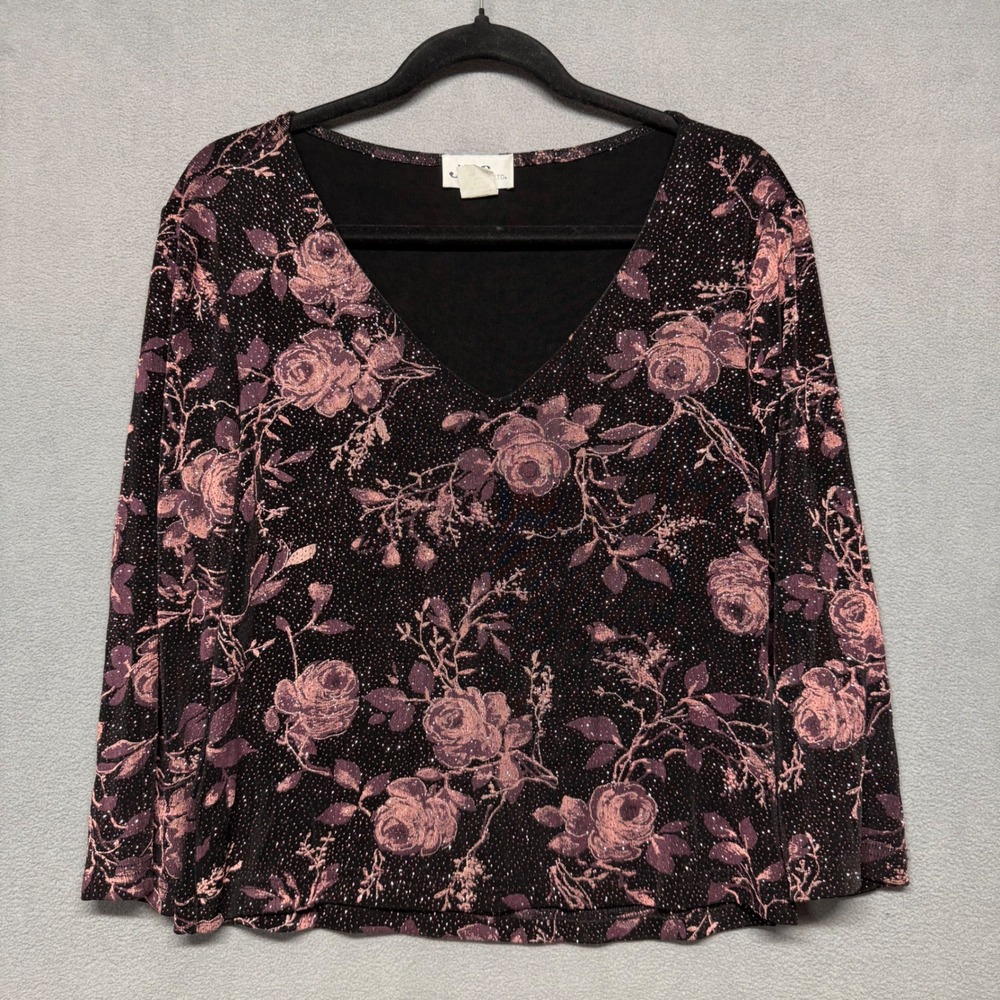 Vintage JBS V-Neck Floral Glitter Top L Black Pink Witchy Romantic Holidays Boho